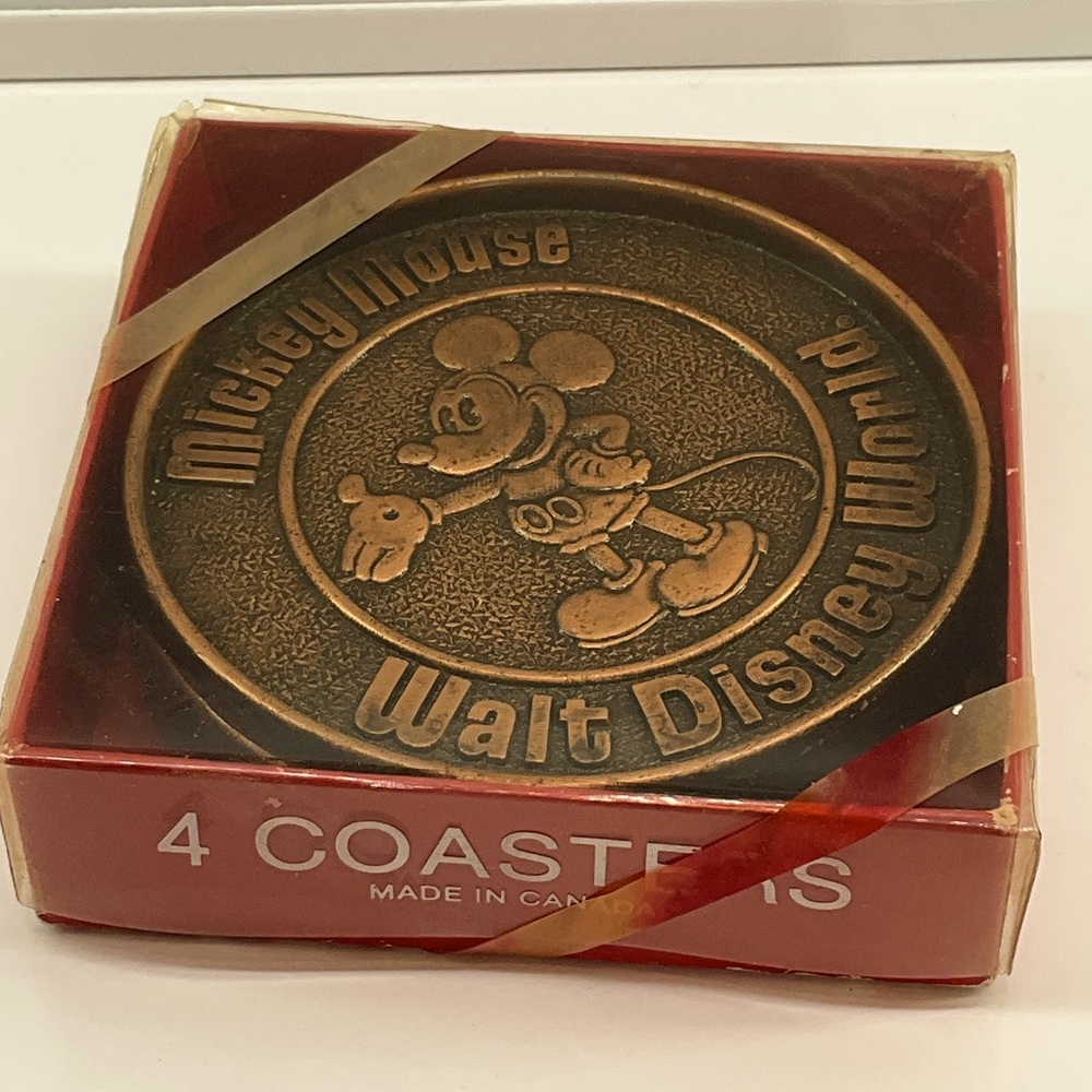 vtg DISNEY Copper Brass Coasters Set of (4) Mickey Mouse Canada